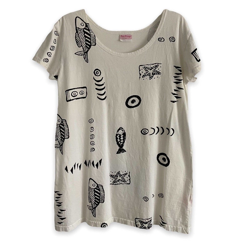 Sea Breeze Size Small Graphic T-Shirt Coverup White with Black Sea Themed Print